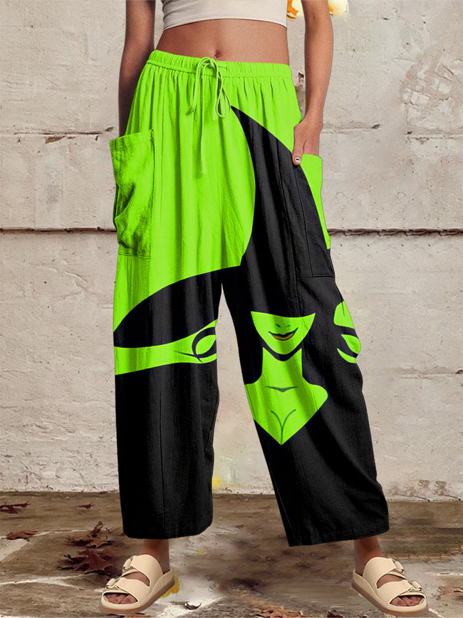 Women‘s Casual Halloween Witch Art Printed Wide Harem Leg Pants