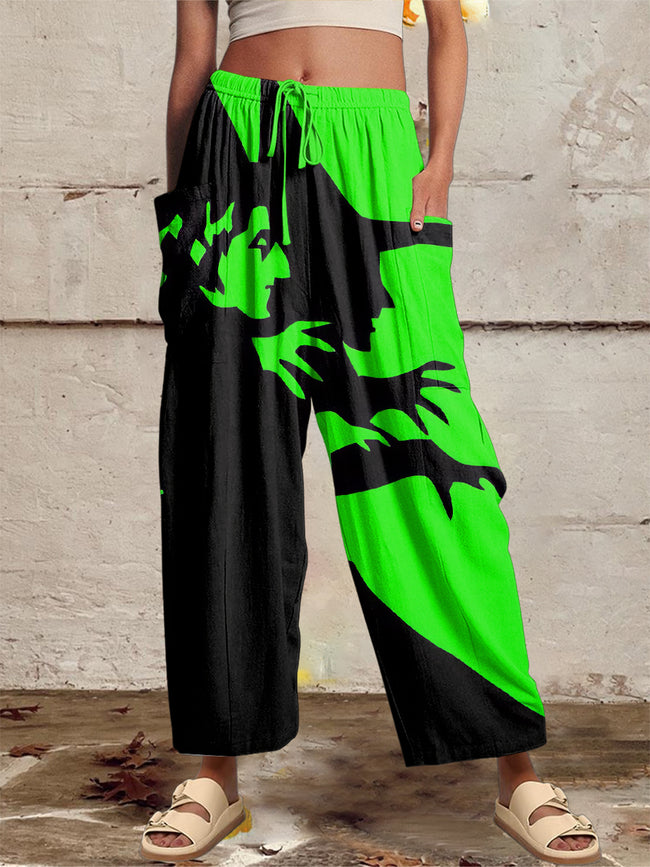 Women‘s Casual Halloween Witch Art Printed Wide Harem Leg Pants