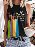 Retro Hippie Imagine All The People Living Life In Peace Print Tank Top