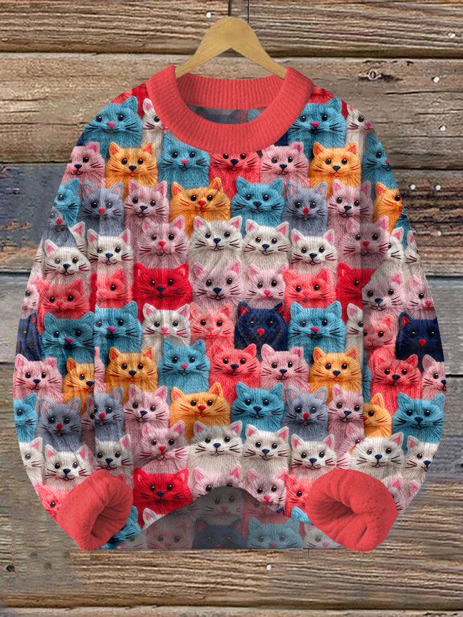 Vintage Christmas Cute Cat Print Pullover Sweater