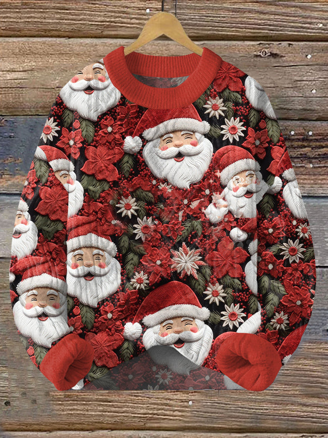 Vintage Christmas Santa and Flower Print Pullover Sweater