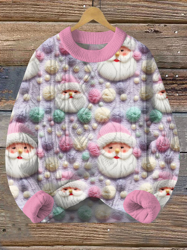 Vintage Christmas Pink Santa Print Pullover Sweater