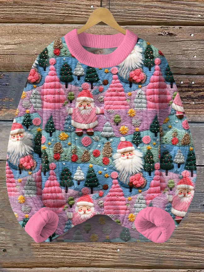 Vintage Christmas Pink Santa Print Pullover Sweater