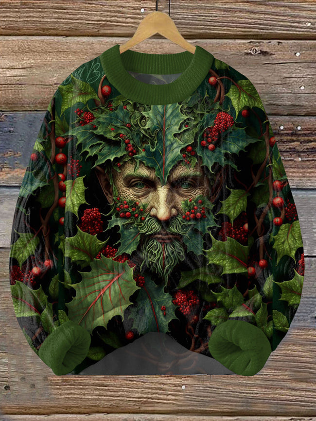 Vintage Christmas Green Man Print Pullover Sweater