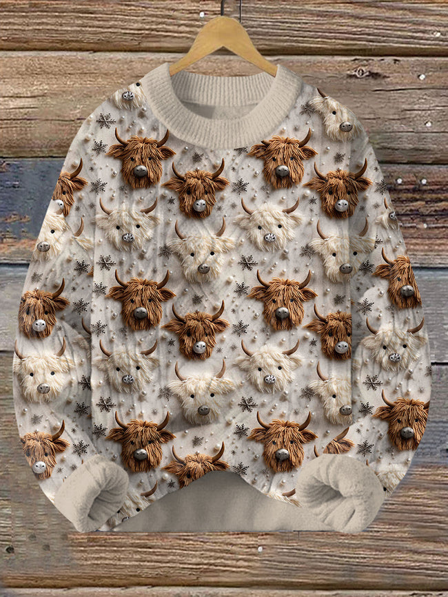 Vintage Christmas Highland Cow Print Pullover Sweater