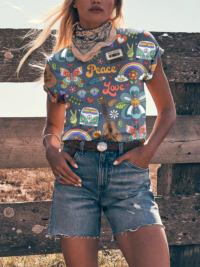 Women's Retro Hippie Floral Print T-Shirt