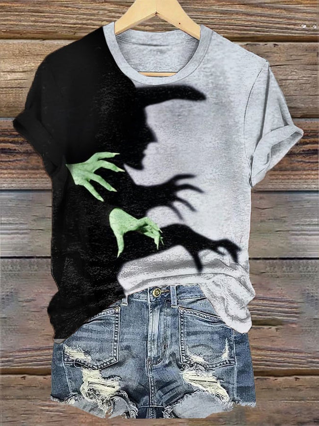 Women's Halloween Witch Shadow Print Casual Tee