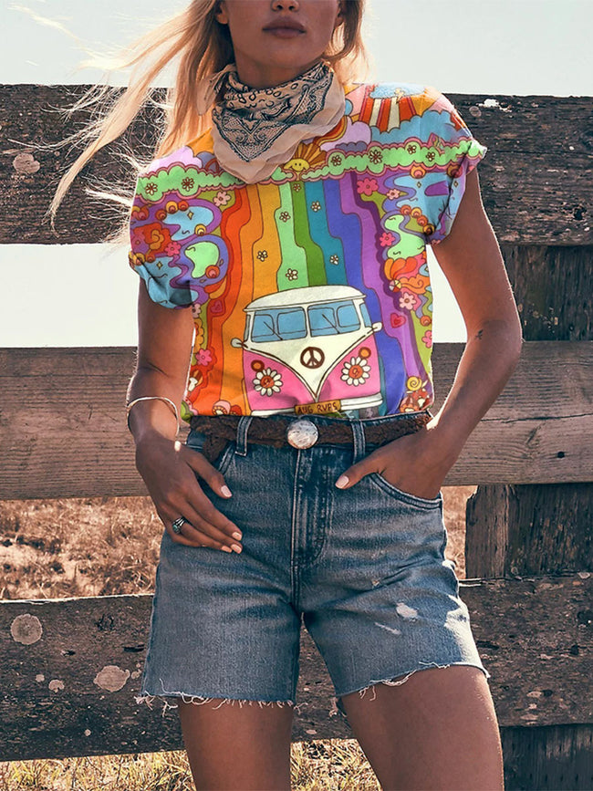 Women's Retro Hippie Van Print T-Shirt