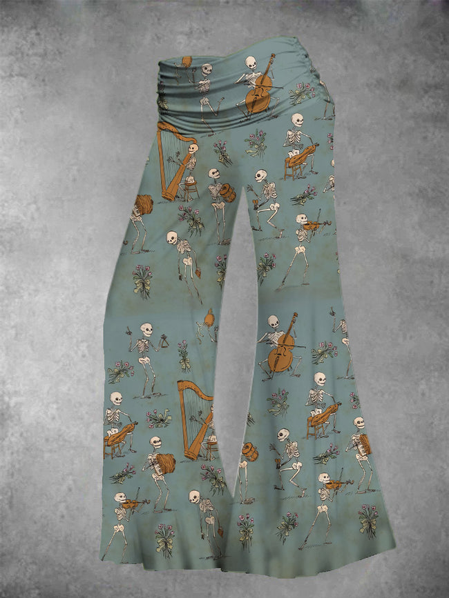 Women's Vintage Halloween Music Skeleton Print Wide Leg Pants