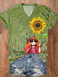 Buy 3 Get 10% OffWomen's Fun Hippie Peace Flag Sunflower Print V-Neck T-Shirt