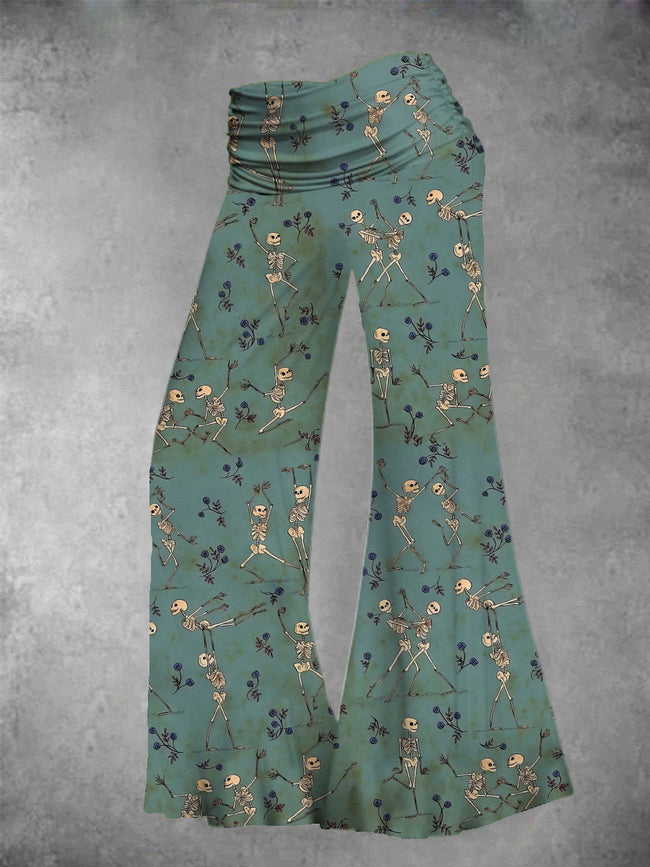 Women's Vintage Halloween Skeleton Dance Print Wide Leg Pants