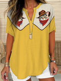 Women's Western Cowcat Print Casual Short Sleeve Shirt