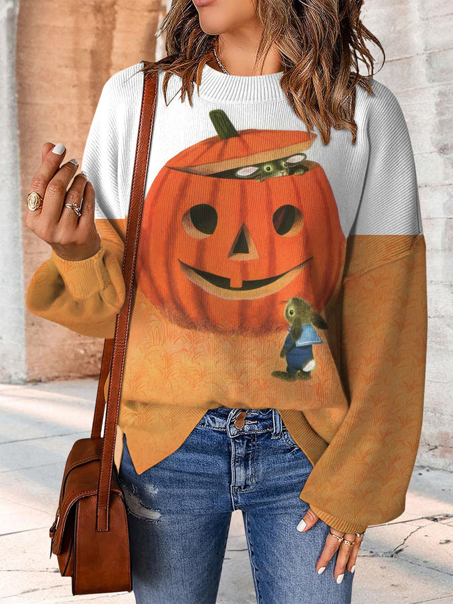 Colorful Pumpkin and Rabbit Print Casual Knit Pullover Sweater