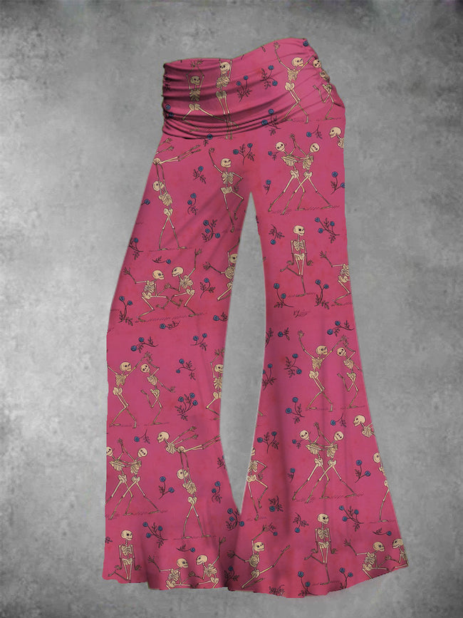 Women's Vintage Halloween Skeleton Dance Print Wide Leg Pants