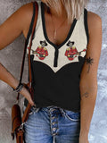 Women's Retro Western Skull Cowboy Playing Guitar Print Button V Neck Vest