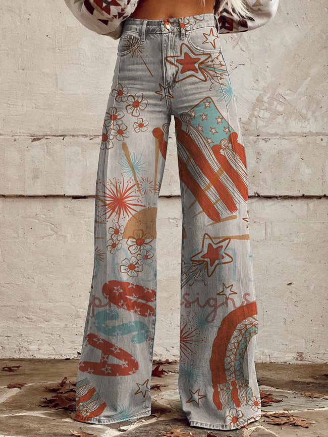 Women's Vintage Independence Day Print Casual Wide Leg Pants