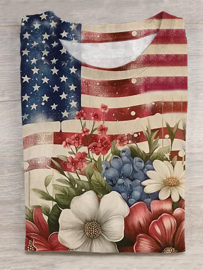 Retro American Floral Flag Art printed T-shirt