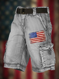Men's Vintage Flag Independence Day Multi-Pocket Print Cargo Shorts