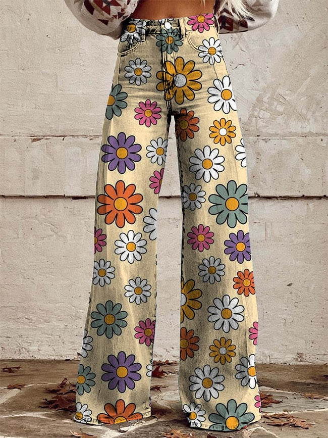 Women's Vintage Floral Print Wide Leg Pants