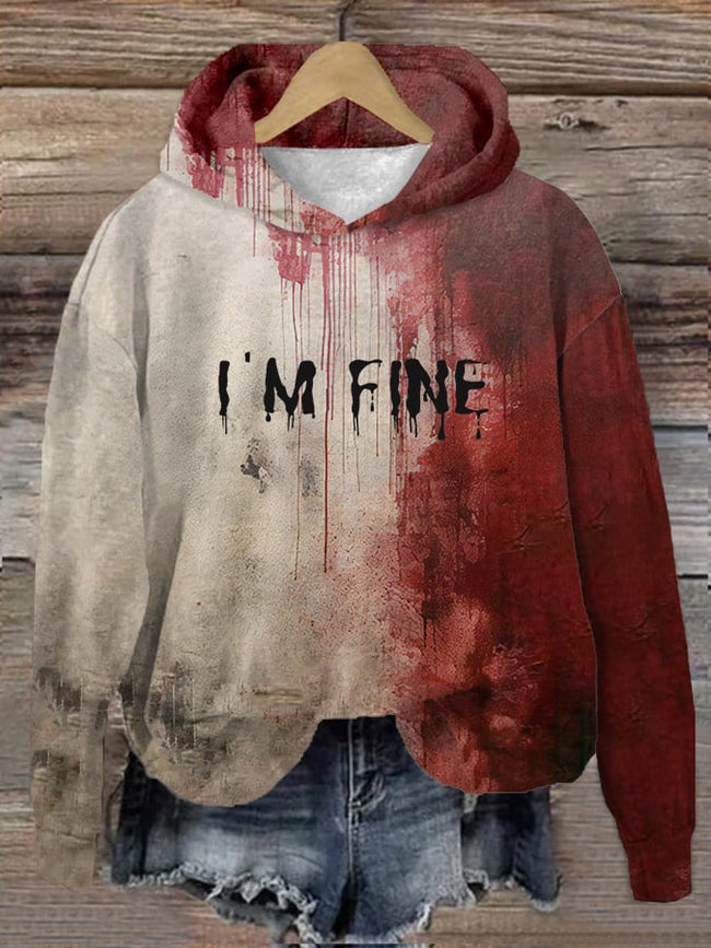 Women's Bloody I'm Fine Halloween Printed Hooded Sweatshirt