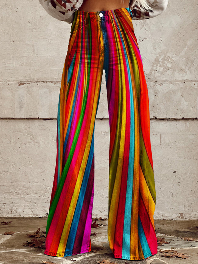 Women's  Retro Rainbow Stripe Art Print Casual Wide Leg Pants