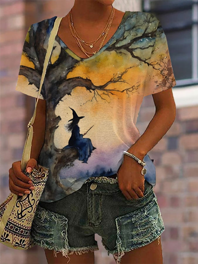 Women's Halloween Witch Print V Neck T-Shirt