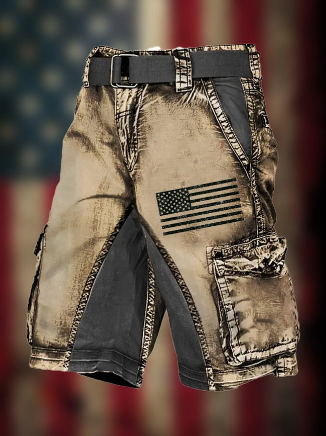 Men's Retro Flag Independence Day Contrast Multi-Pocket Print Cargo Shorts