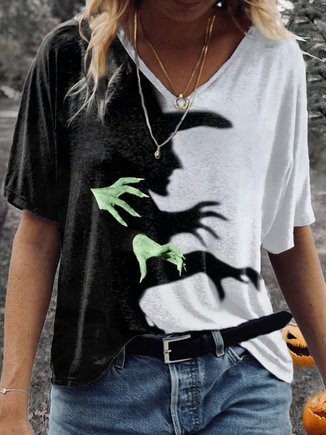 Women's Halloween Witch Shadow Print Casual V-Neck Tee