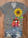 Buy 3 Get 10% OffWomen's Fun Hippie Peace Flag Sunflower Print V-Neck T-Shirt