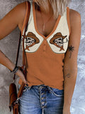 Women's Retro Western Skull Cowboy Print Button V Neck Vest