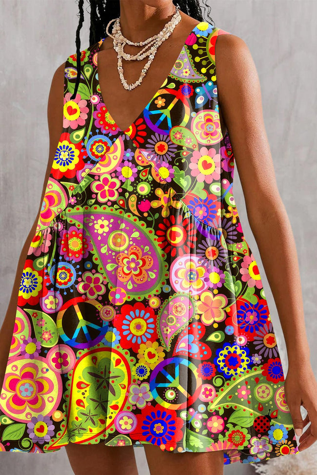 Womens Summer Sleeveless Retro Hippie Peace Multicolor Flowers Paisley Print Mini Dress Casual Loose V Neck Sundress with Pockets