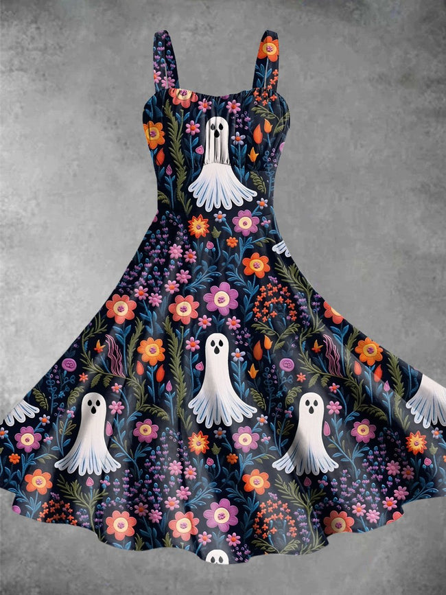 Vintage Lovely ghost Halloween Print Backless Dress