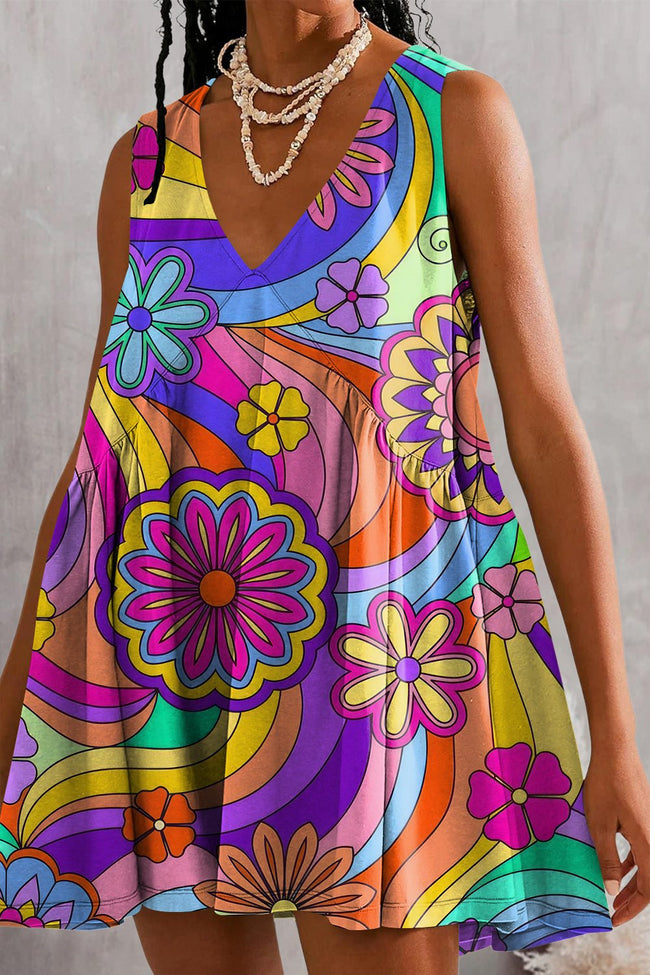 Womens Summer Sleeveless Vintage Hippie Print Mini Dress Casual Loose V Neck Sundress with Pockets