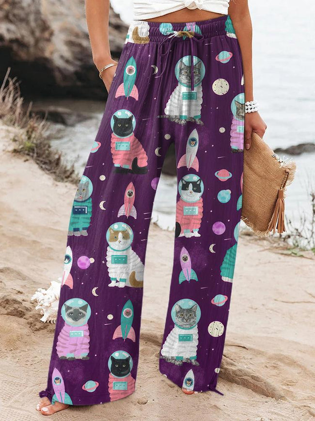 Women's Vintage Space Cat Printed Cotton And Linen Casual Pants