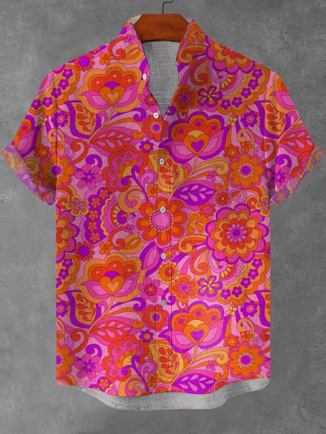 Colorful Hippie Art Print Linen Blend Shirt
