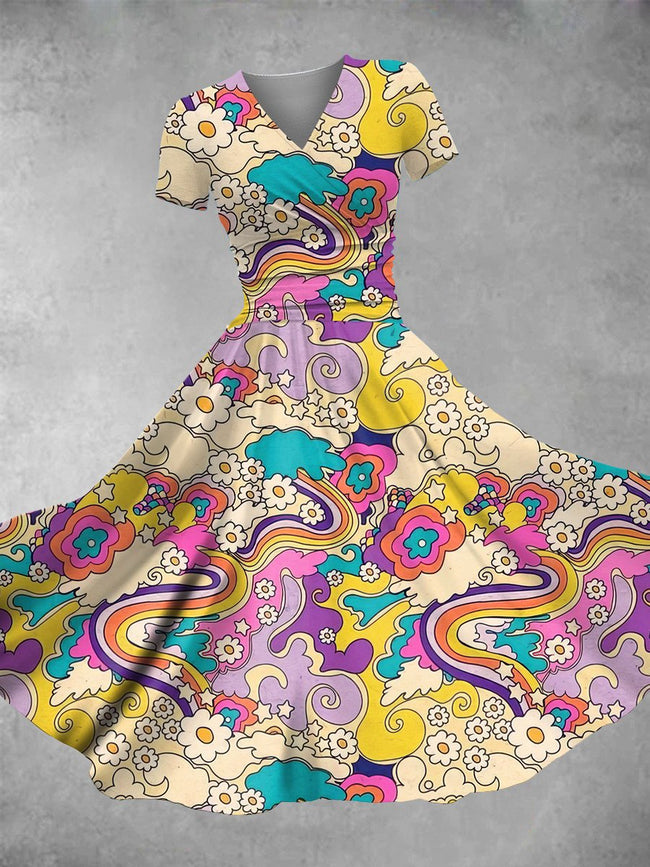 Women's Vintage Hippie Peace Rainbow Print Maxi Dress
