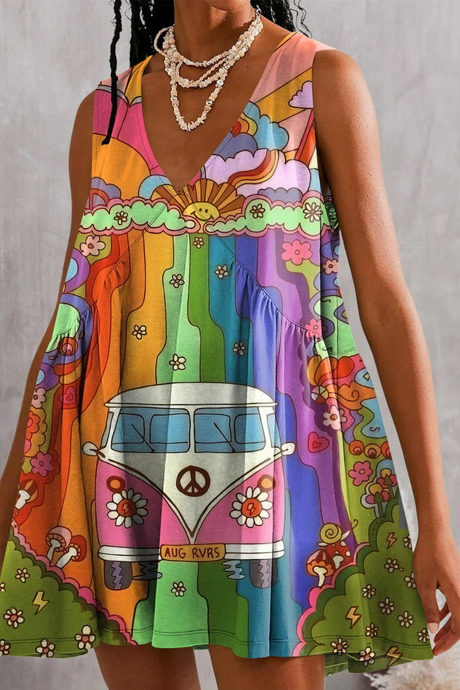 Womens Summer Sleeveless Colorful Hippie Print Mini Dress Casual Loose V Neck Sundress with Pockets