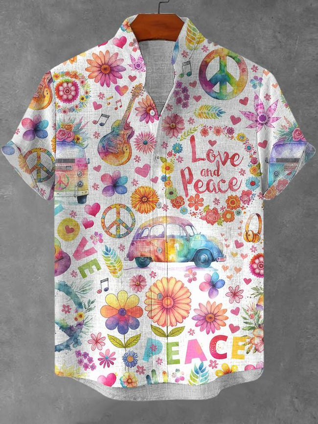 Peace And Love Floral Art Print Linen Blend Shirt