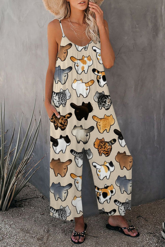 Cute Cat Cock Print Wide leg Jumpsuit with Pockets