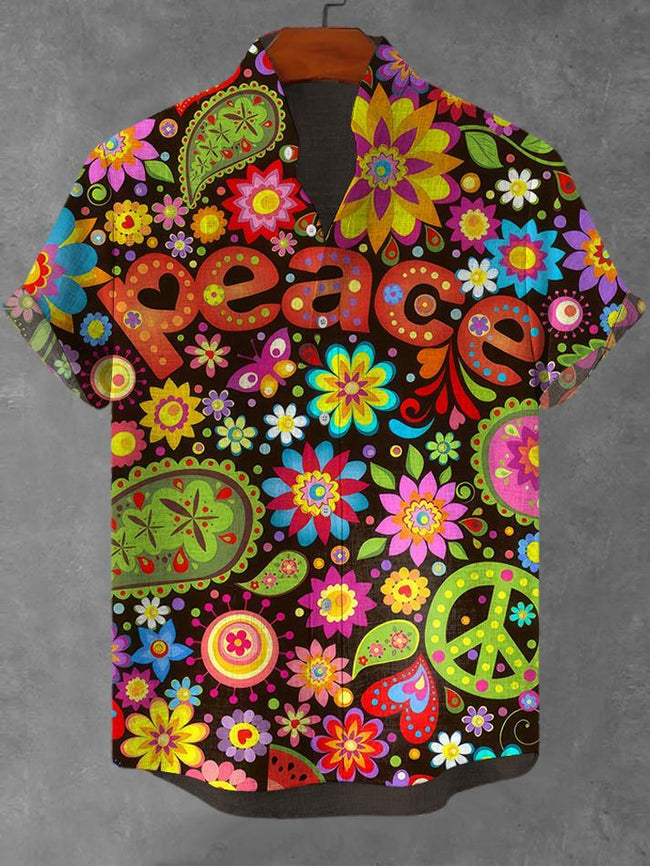 Hippie Peace Floral Art Print Linen Blend Shirt