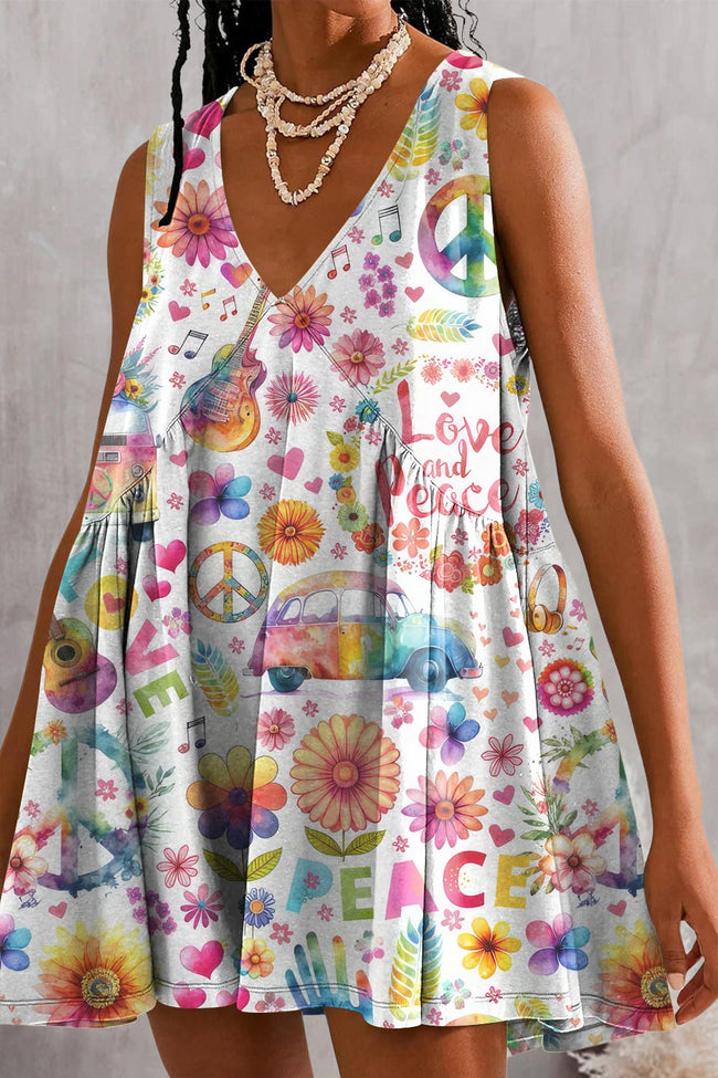 Womens Summer Sleeveless Peace And Love Floral Print Mini Dress Casual Loose V Neck Sundress with Pockets