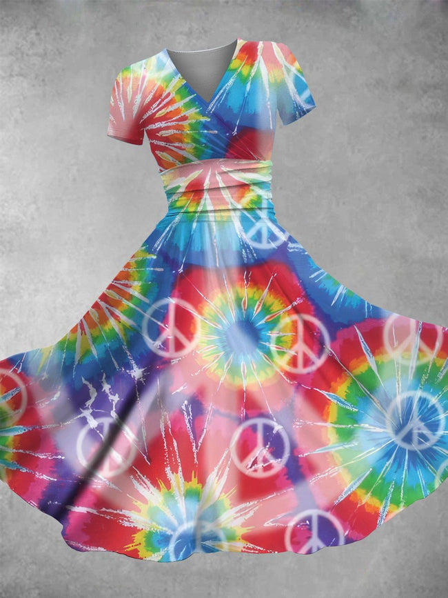 Women's Vintage Hippie Peace Tie Dye Print Maxi Dress