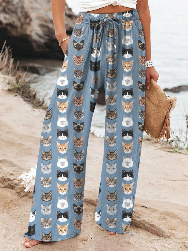 Women's Vintage Cat Faces Printed Cotton And Linen Casual Pants