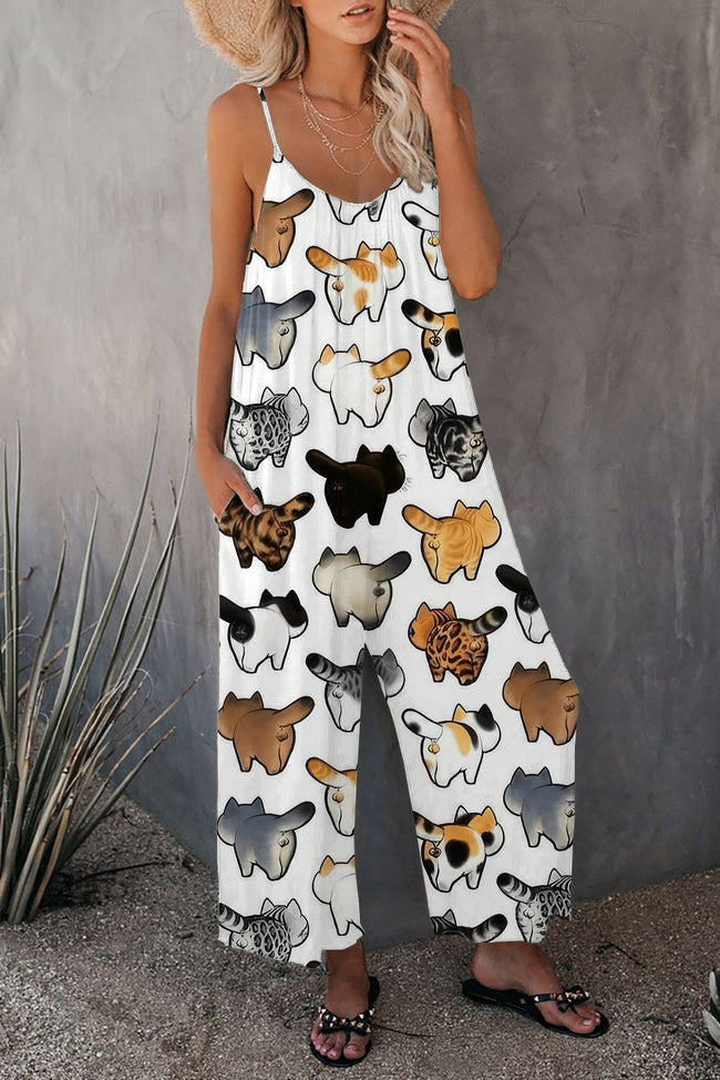 Cute Cat Cock Print Wide leg Jumpsuit with Pockets