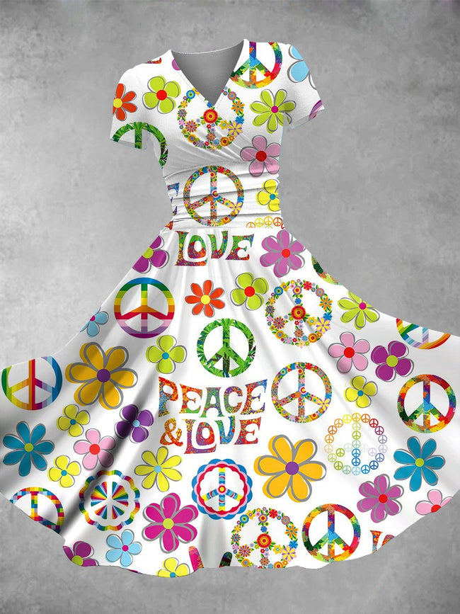 Women's Vintage Hippie Peace Print Maxi Dress