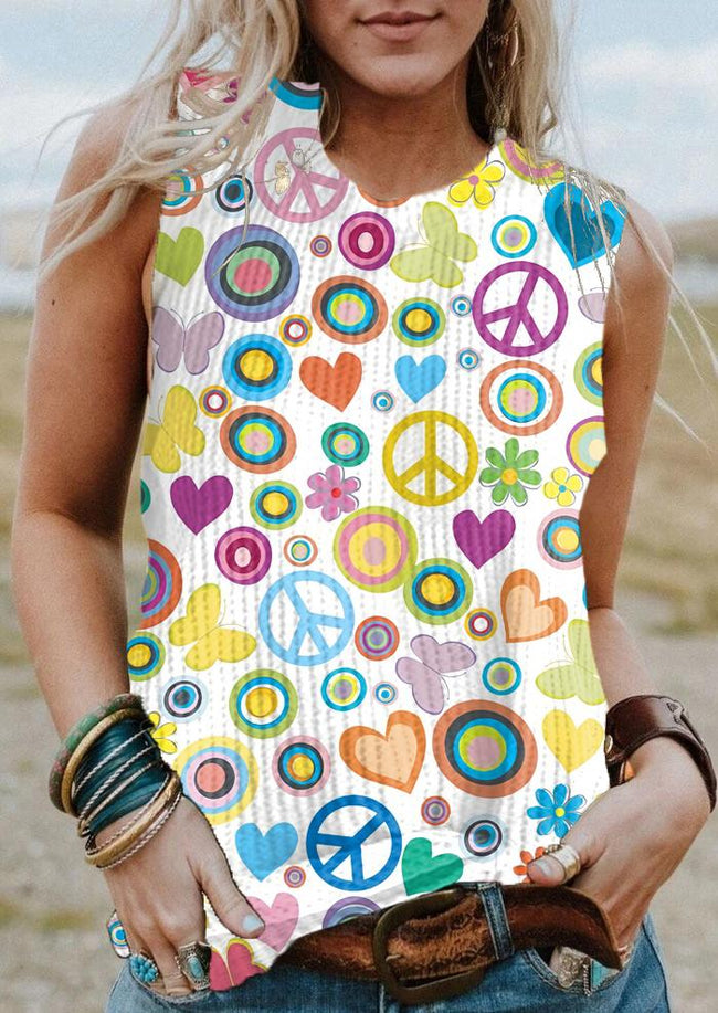 Women's Hippie Print Waffle Fabric Sleeveless Casual Tank Top