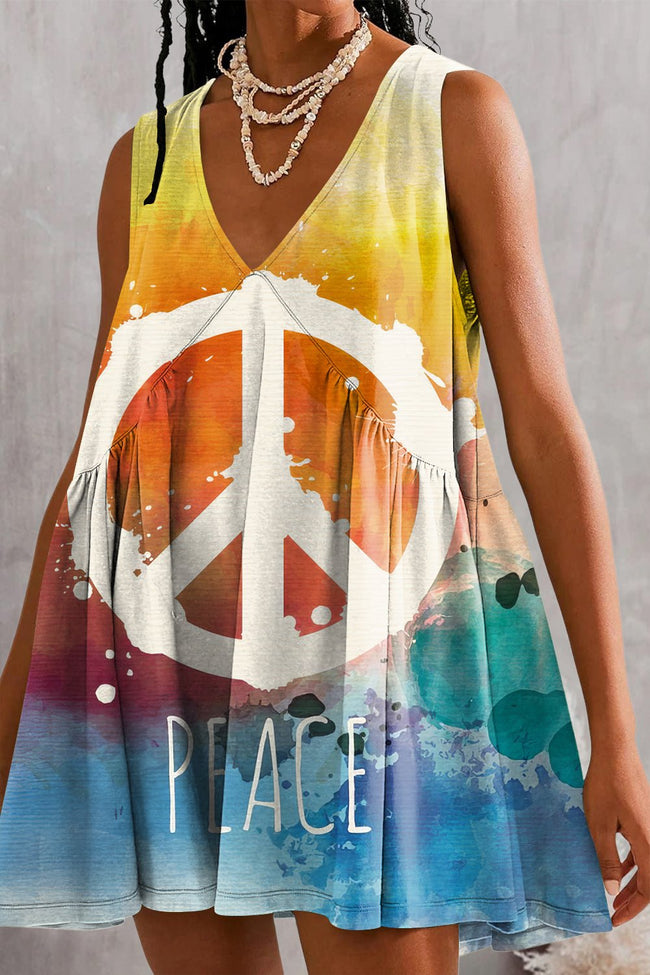 Womens Summer Sleeveless Vintage Hippie Peace and Love Print Mini Dress Casual Loose V Neck Sundress with Pockets
