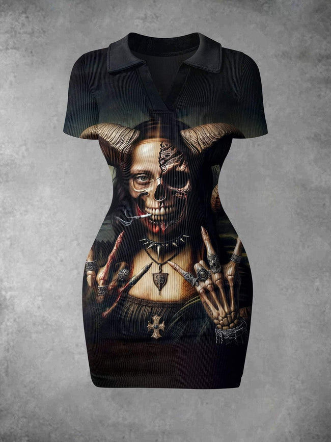 Women's Vintage Skull Dark Art Illustration Halloween Print Ribbed Bodycon Mini Dress