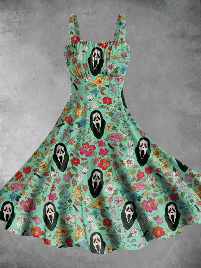 Vintage Shrieker Halloween Print Backless Dress