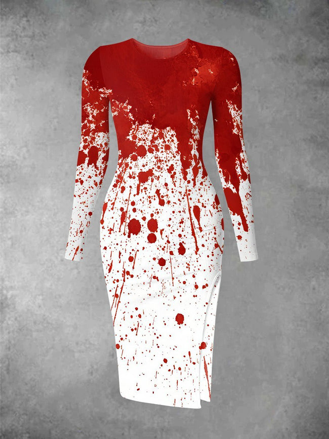 Women's Vintage Halloween Blood Print Long Sleeve Crew Neck Midi Dress